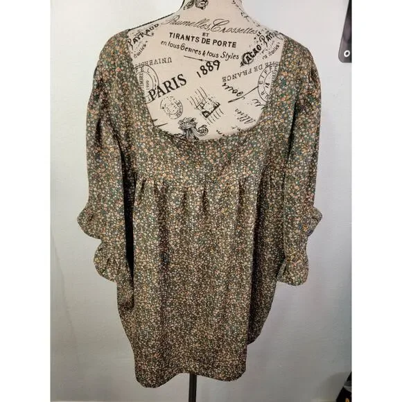 Arula Babydoll Top Sz C 3X Square Neck Green Floral Short Sleeve Ruffle Bohemian - Picture 6 of 10